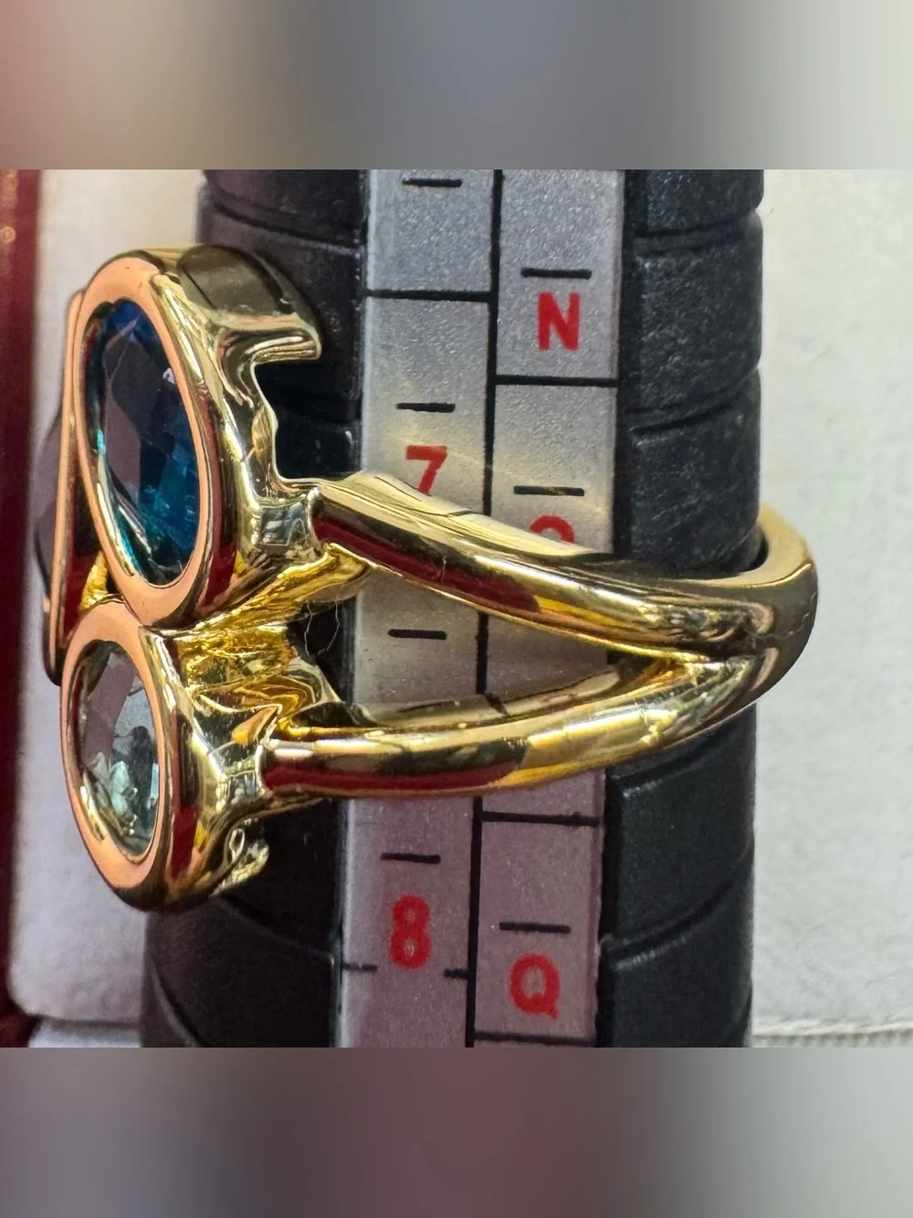 Gold Plated Ring with Aqua, Teal and Light Blue Gemstones - size 7-7.5